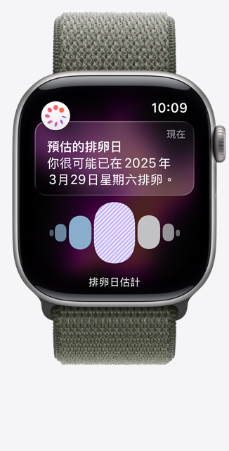 Apple Watch Series 11，展示太空灰色鋁金屬錶殼，搭配森林色運動型錶環(huán)，螢?zāi)伙@示來自健康 app 中經(jīng)期追蹤功能的排卵日預(yù)測通知，側(cè)面有數(shù)位錶冠