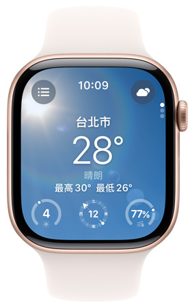 Apple Watch 螢?zāi)伙@示天氣 app。