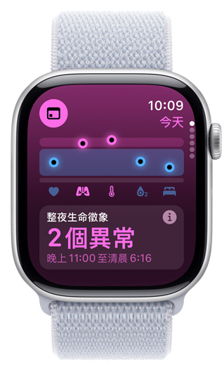 Apple Watch 螢?zāi)伙@示整夜生命徵象，有 2 項(xiàng)異常數(shù)值。