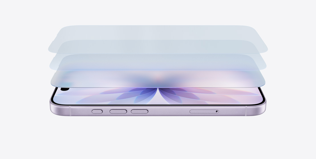 iPhone 17 у горизонтальн?й про?кц?? на боц? в лавандовому кольор?, з багатошаровим дизайном, що демонстру? Ceramic Shield 2