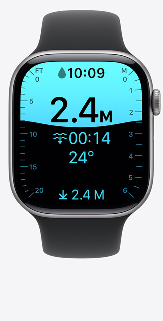 Apple Watch Series 11, aluminum case, space gray color, Depth app screen, dive at 8 feet