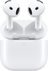 Bo?tier de charge d’AirPods 4 ouvert et montrant des AirPods flottant au-dessus.
