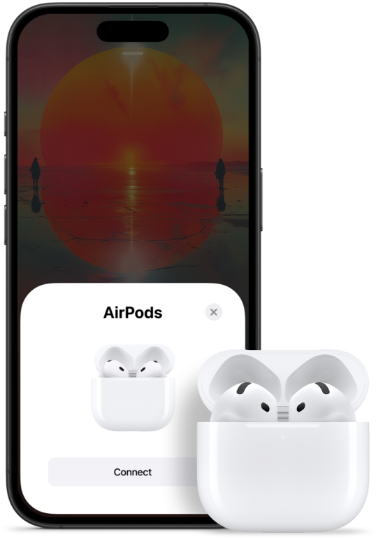 Otwarte etui ?aduj?ce z AirPods 4 w ?rodku obok iPhone’a z komunikatem o pod??czeniu AirPods 4 na ekranie.
