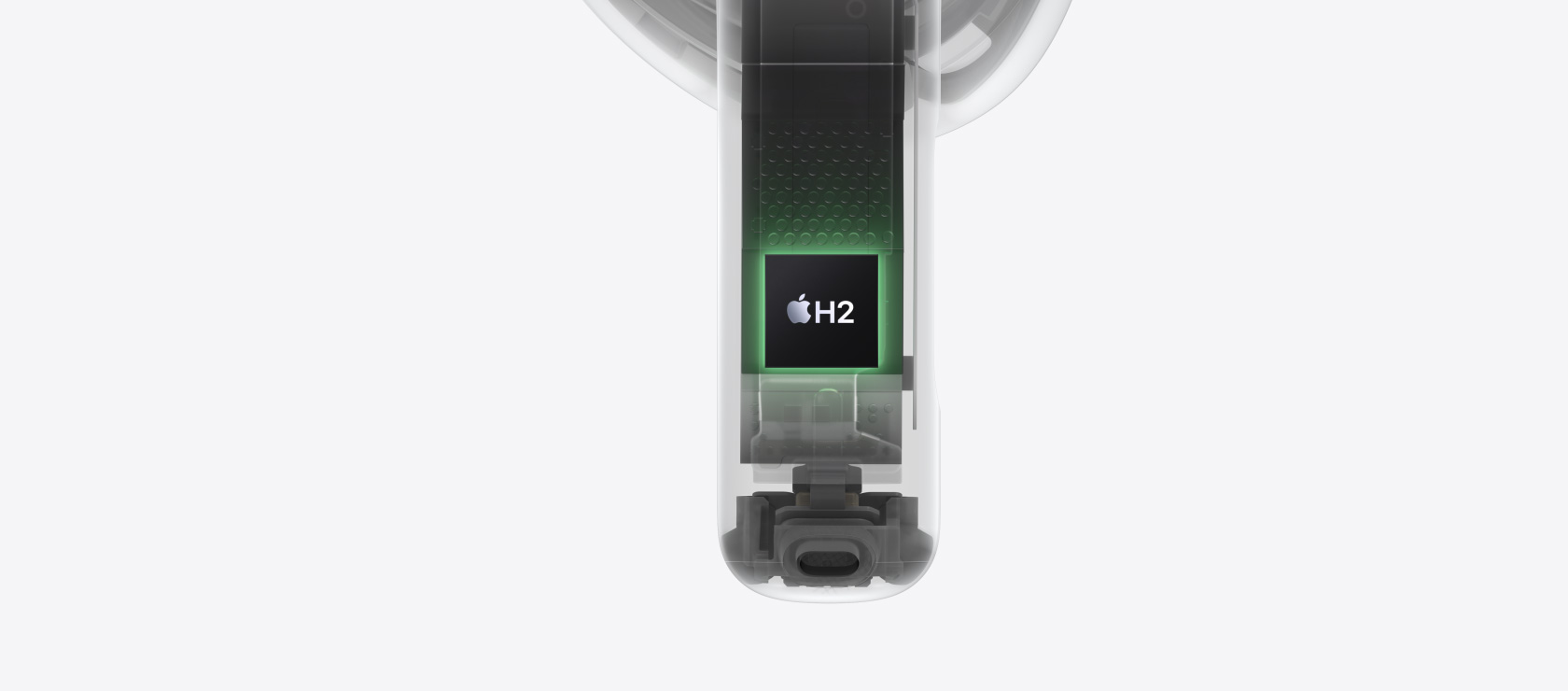重點展示 AirPods 4 耳筒柄內(nèi)的 H2 晶片。