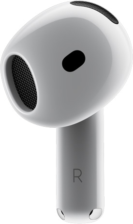 AirPods 4，展示 AirPod 的正面，配有線條指著「耳感極貼服」的文字。
