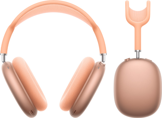 橙色 AirPods Max 的正面圖，以及側(cè)面圖