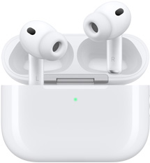 AirPods Pro 3 und MagSafe Ladecase (USB-C), gerundetes Case von aussen, LED Ladeanzeige, ge?ffnetes Case, Farbe Weiss, kabellose Kopfh?rer mit Ohreins?tzen Silikon, Enden an der Innenseite mit den Buchstaben L und R