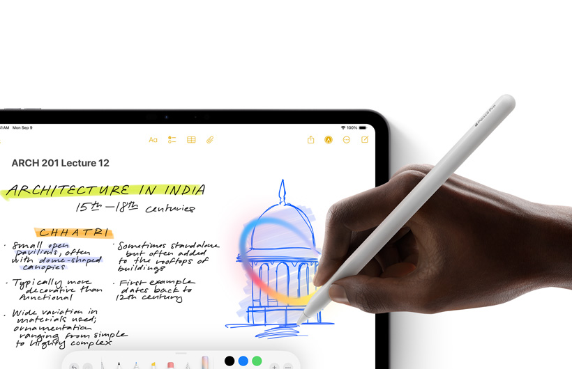 Apple Pencil tutan bir el, iPad’deki Notlar uygulamas?nda bir eskizin etraf?na bir daire ?iziyor.