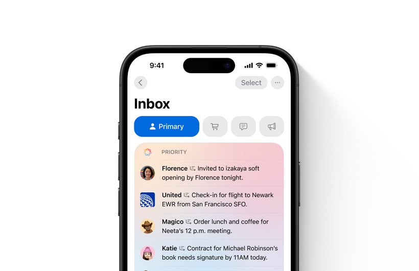 iPhone z pokazan? skrzynk? odbiorcz? w aplikacji Poczta. Wa?ne wiadomo?ci znajduj? si? w niej na górze i s? wyró?nione innym kolorem
