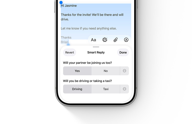 iPhone 上顯示郵件 app 中的智慧型回覆選項。