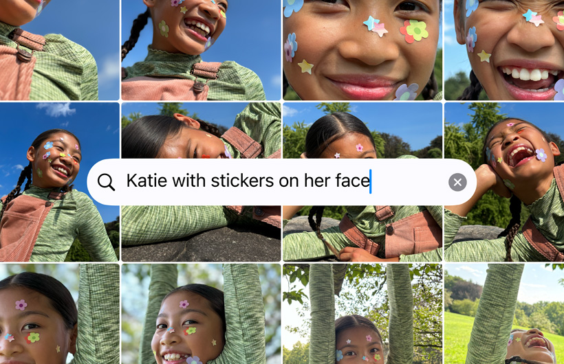 根據(jù)搜尋提示「Katie with stickers on her face」，顯示多張相片，以格狀方式排列。