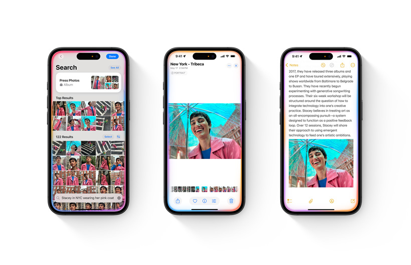 iPhone 顯示相片圖庫，以及搜尋描述。第二部 iPhone 打開了一張從搜尋結(jié)果中選出的相片。第三部 iPhone 顯示該相片整合至備忘錄 app 中的筆記。