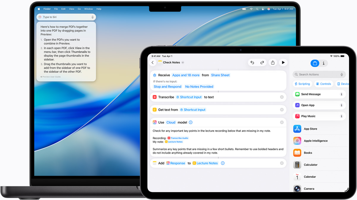 Mac 展示「輸入以使用 Siri」功能；iPad 展示內(nèi)置 Apple Intelligence 的捷徑 app。