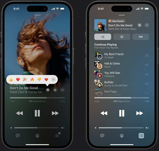 iPhone sur la gauche montrant le titre ? Don’t Do Me Good ? de Madi Diaz et Kacey Musgraves en cours de lecture sur l’écran avec un emoji de réaction affichant les options pouce levé, c?ur, célébrer, pouce baissé ou ajouter une autre réaction. iPhone sur la droite montrant une playlist collaborative intitulée Road trip contenant plusieurs morceaux ajoutés par différentes personnes