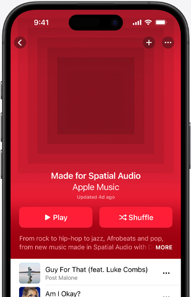 écran d’iPhone affichant l’illustration de la playlist Con?u pour l’Audio spatial dans l’app Apple Music