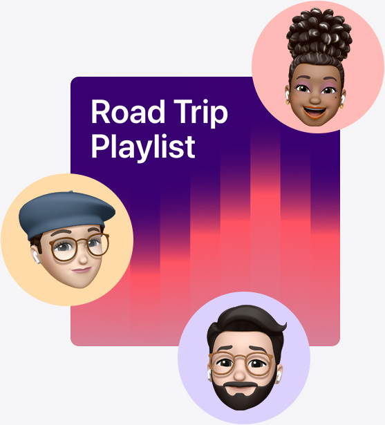 名為 Road Trip Playlist 的合作歌單封面插圖,旁邊有幾個(gè) Memoji