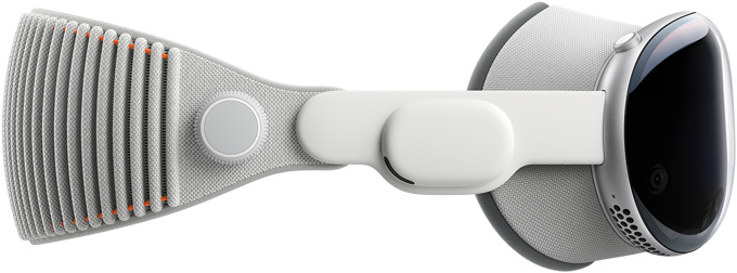 Apple Vision Proの側(cè)面。ライトシーリングと調(diào)整できるニットバンドが取りつけられている。