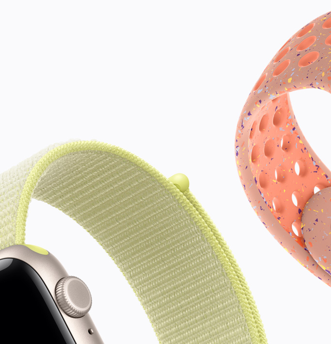 Apple Watch SE 3, aluminium case, starlight colour, neon yellow Sport Loop, alpenglow pink Nike Sport Band