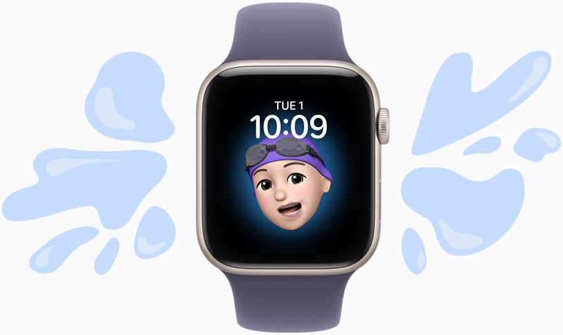 Apple Watch SE 3, aluminium case, starlight colour, Memoji watch face, illustrated water splashes off water-resistant device, purple fog Sport Band