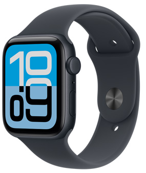 Apple Watch SE 3, aluminium case, midnight colour, Flux watch face, right side exterior, Digital Crown, microphone, side button, midnight Sport Band, silver pin-and-tuck closure
