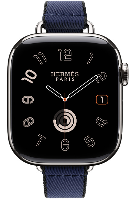 Apple Watch Hermès Series 11, titanium case, silver colour, Radial watch face, Twill Jump Attelage Single Tour band, navy/noir colour