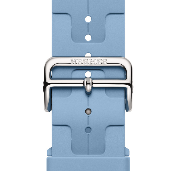 Apple Watch Hermès Series 11 Kilim band, bleu pastel colour, Hermès logo engraved on silver buckle