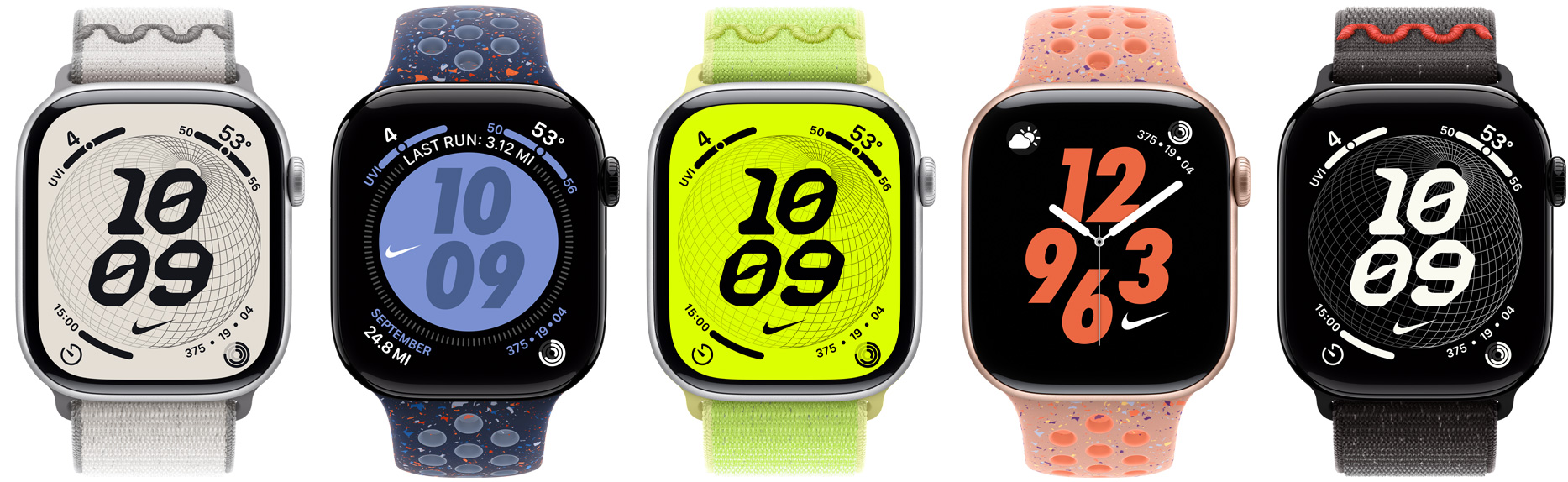 Apple Watch Ger?te, Nike Armb?nder: Nike Sport Loop in Veiled Grey, Nike Sportarmband in Blue Ribbon, Nike Sport Loop in Volt Splash, Nike Sportarmband in Alpenglow Pink, Nike Sportarmband in Midnight Black, Nike Zifferbl?tter: Globe, Hybrid, Bounce, Digital
