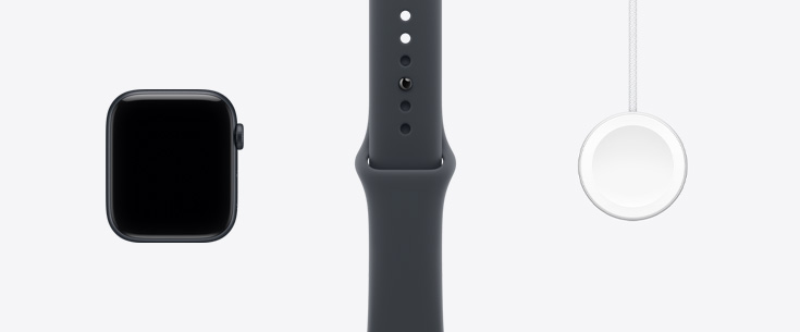 Apple?Watch?SE 3, alumiiniumkorpus, ??sinine, esikülg, servast serva ekraan, ??sinine Sport Band, Apple?Watchi magnetkiirlaadija USB‑C kaabliga