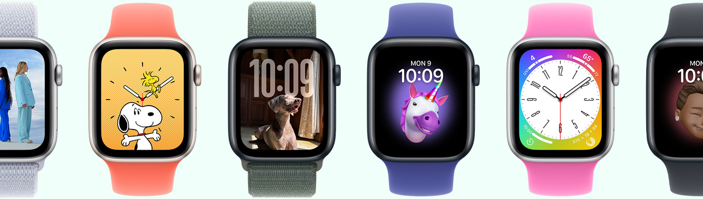 Six Apple Watch montrant différentes options de cadran dont Memoji, Photos, Portrait et Snoopy