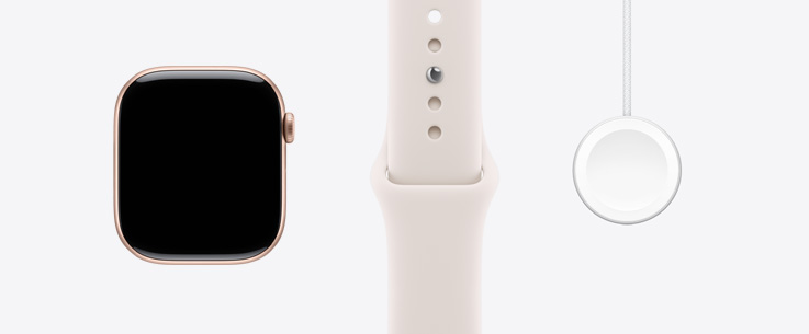 Apple Watch Series 11, алюм?н??вий корпус, кол?р ?рожеве золото?, вид спереду, дисплей на всю передню панель, спортивний рем?нець кольору ?легкий рум’янець?, кабель USB?C з магн?тним кр?пленням для швидкого заряджання Apple Watch