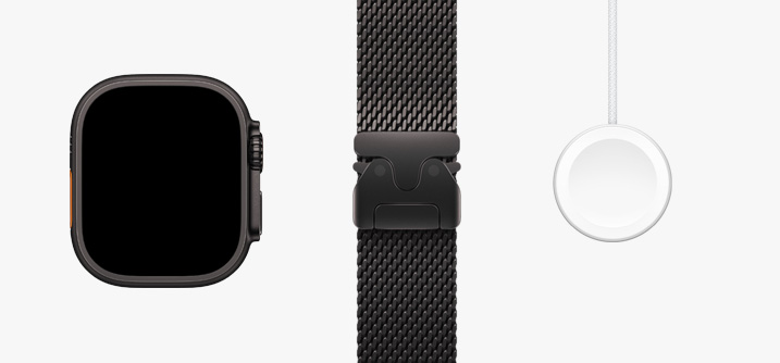 Sur une rangée: vue avant du bo?tier de l’Apple Watch Ultra 2, Boucle Trail orange et beige et Cable de charge rapide magnétique vers USB?C.