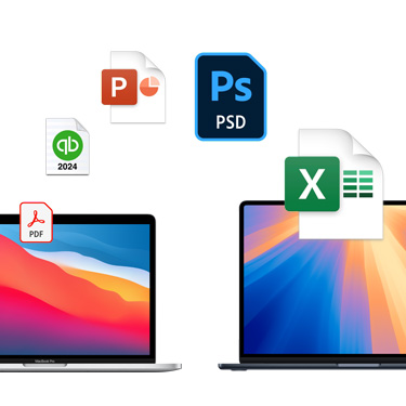 Front view of two side-by-side MacBooks with different colourful desktop backgrounds. File icons are displayed in an arc above the MacBooks. File icons include Acrobat file, Quickbooks file, PowerPoint file, Photoshop file, Excel file.
