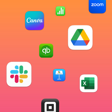 Icons of productivity apps including Slack, Canva, Google Workspace, Zoom, Quickbooks, Keynote, Excel, Square and Numbers against a colourful background.