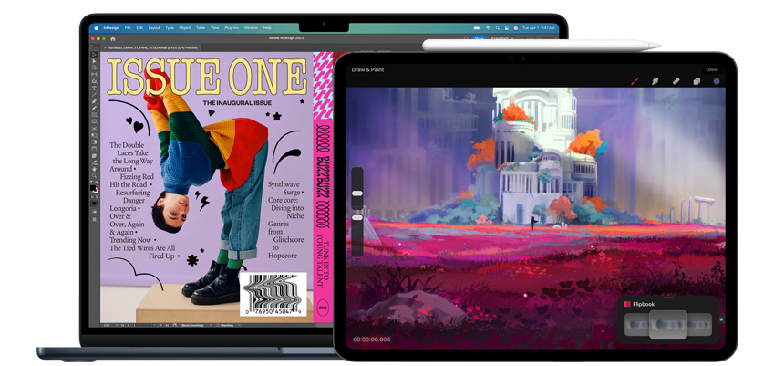 MacBookとiPadにデザインアプリが表示されており、iPadのそばにはApple Pencil Proがある