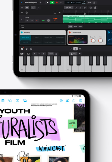 2臺のiPadにLogicProアプリとフリーボードアプリが表示されている
