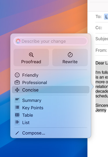MacのデスクトップにEメールの下書きが表示されており、Apple Intelligenceのプロンプトが開いている。Eメールをより簡潔にするオプションが選択されている