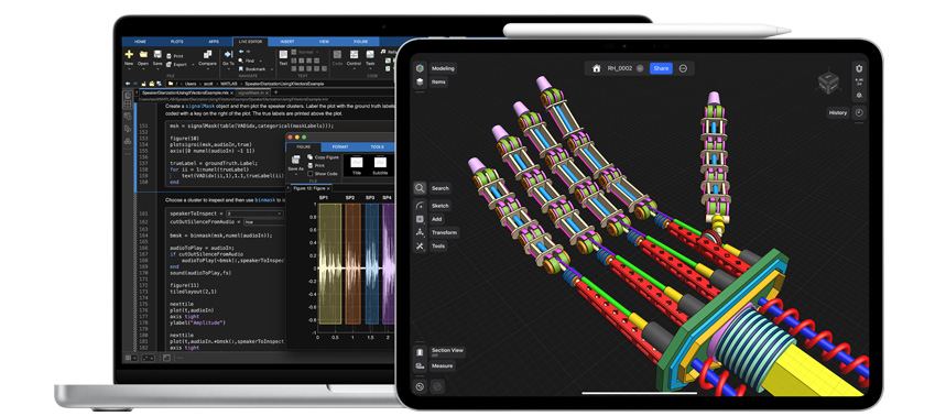 MacBookとiPadにSTEM（科學、技術(shù)、工學、數(shù)學）アプリが表示されており、iPadのそばにはApple Pencil Proがある