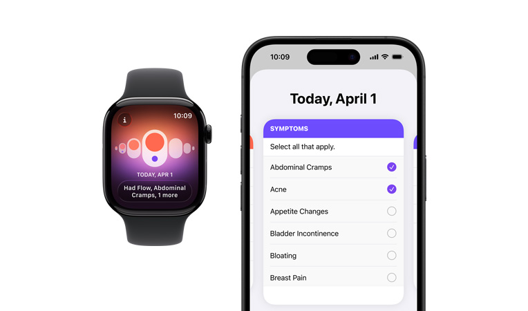 Apple Watch Series 11, titanium case, gold color, Cycle Tracking app, daily symptoms selector open on paired iPhone