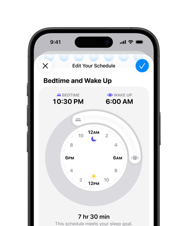 iPhone, Health app open to sleep schedule, bedtime set to 22:30, wake up set to 7:00, radial time dial in center screen, 8 hr 30 min sleep goal met