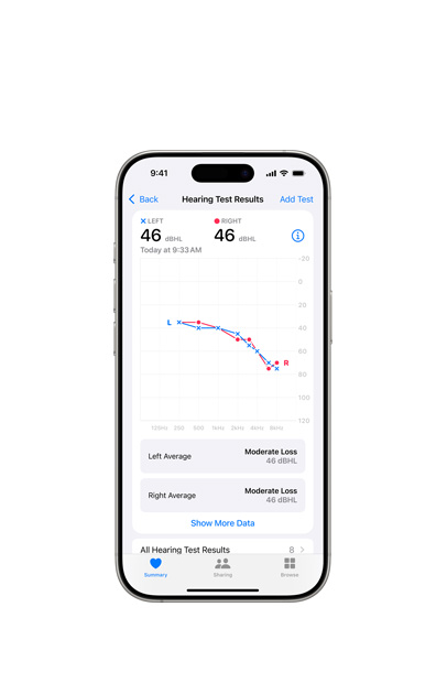 En iPhone viser resultatene fra en h?rselstest p? AirPods Pro 2.