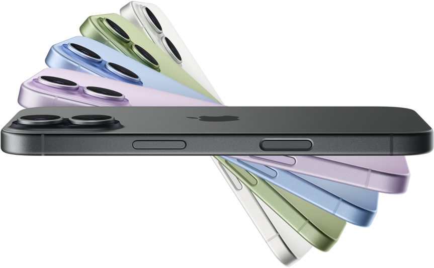 Five overlapping fanned out iPhone 17 devices in Black, Lavender, Mist Blue, Sage, and White, respectively. All in sideview, with the first visible one in Black showing the Apple logo on the back of the phone.