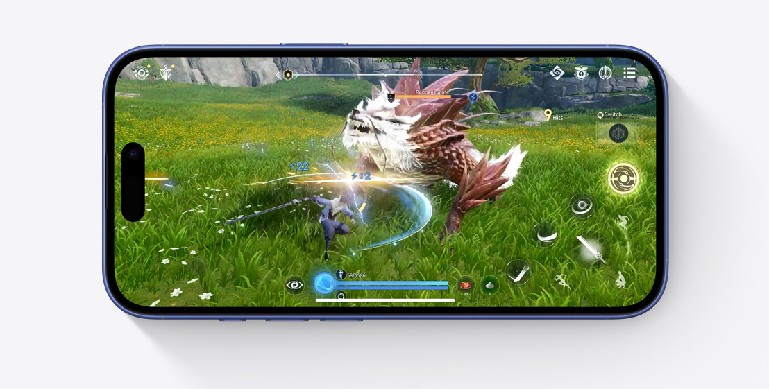 Un iPhone 16 Pro à l’horizontal affiche une scène extraite du jeu vidéo Infinity Nikki.