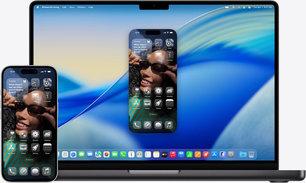 iPhone 和 MacBook 並排擺放，展示 MacBook 上的鏡像輸出效果。日曆和備忘錄小工具位於螢?zāi)唤敳?，多?app 位於螢?zāi)坏撞俊?>
											</picture>
											
										</div>
									</div>
								</div>
							</li>
							<li id=