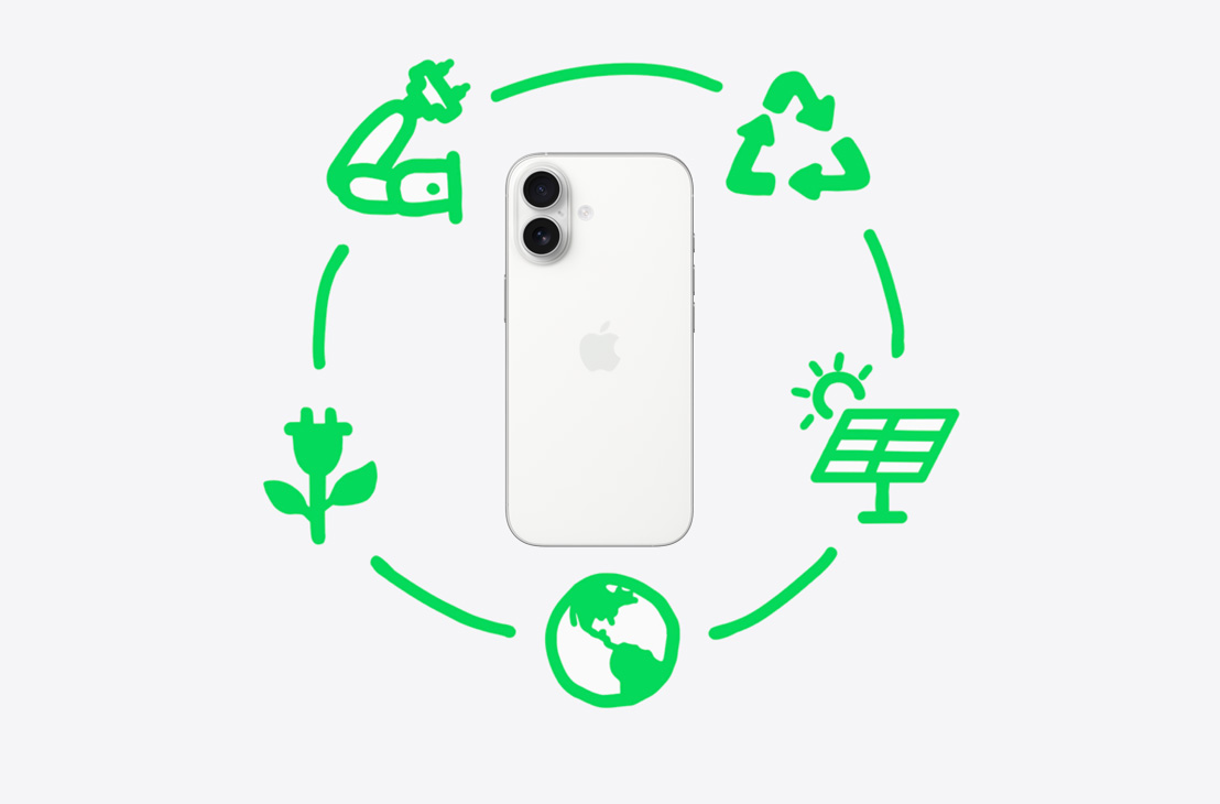 圖像圍繞白色外觀 iPhone 17 的機(jī)身背面，展示 Apple 在回收及循環(huán)使用物料方面採取的步驟，包括設(shè)計與採購、製造、包裝與運(yùn)輸、使用及拆解。