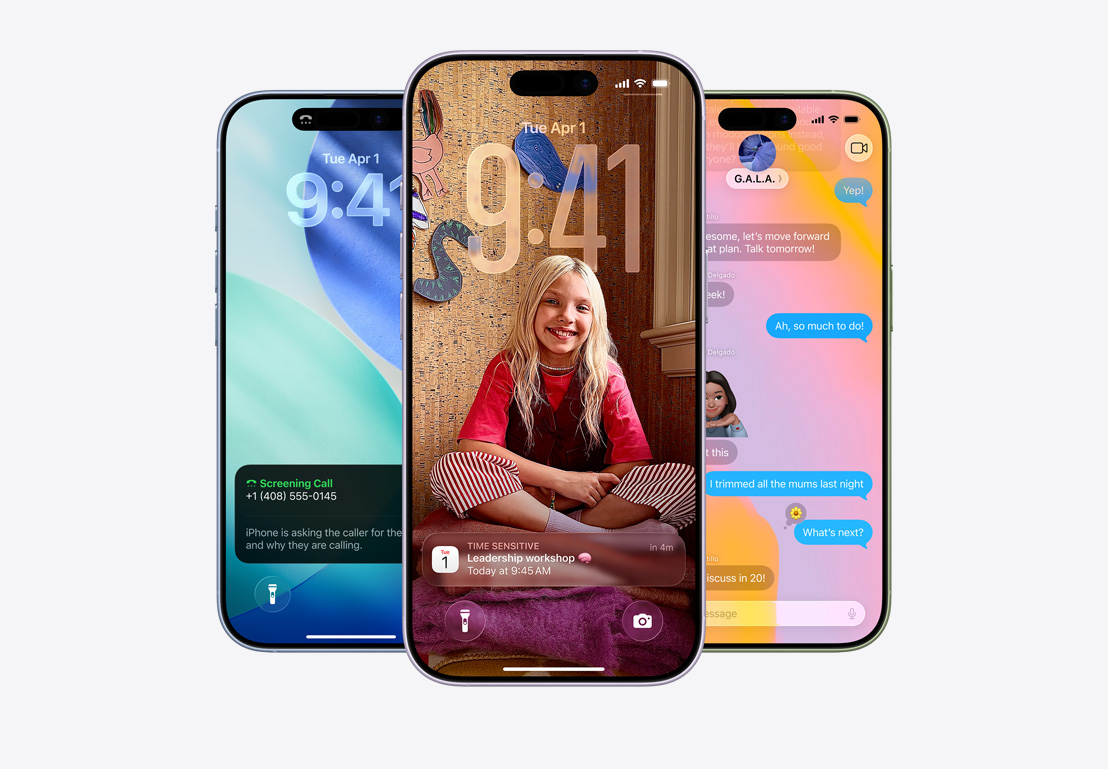 iPhone 螢?zāi)伙@示通話篩選功能彈出式通知；iPhone 螢?zāi)灰?Liquid Glass 設(shè)計顯示日曆 app 彈出式通知、iPhone 螢?zāi)伙@示訊息 app 中的訊息討論串採用 Liquid Glass 背景