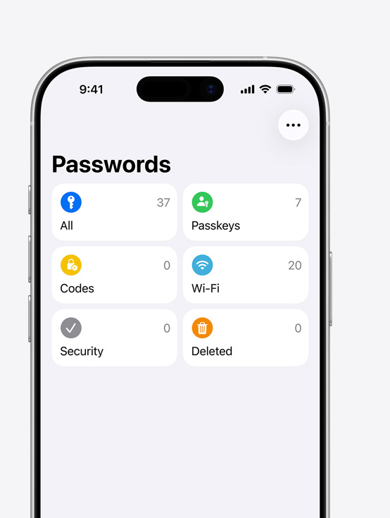 iPhone 螢?zāi)伙@示密碼 app 內(nèi)的分類，包括全部、通行密匙、驗證碼、Wi-Fi、保安和已刪除