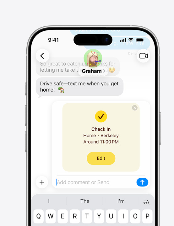 iPhone 螢?zāi)伙@示正在訊息 app 的訊息討論串中使用報平安功能