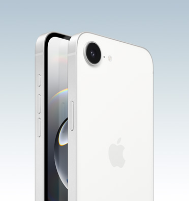 iPhone 16e in White finish, partial screen display and side angle shows Action button, volume button and side button. Back exterior shows 2-in-1 camera system in top left corner.