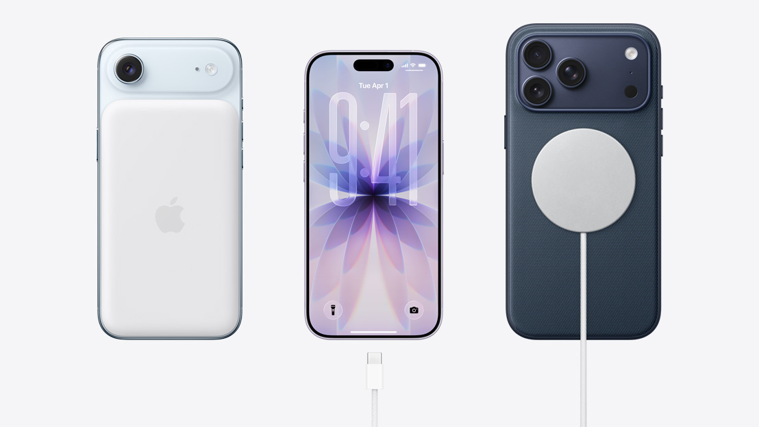 裝置並排擺放，MagSafe 電池貼合在 iPhone Air 機背；iPhone 17 機身正面展示全螢?zāi)辉O(shè)計，並有 USB-C 充電線在充電埠附近；MagSafe 充電線貼合在 iPhone 17 Pro 機背
