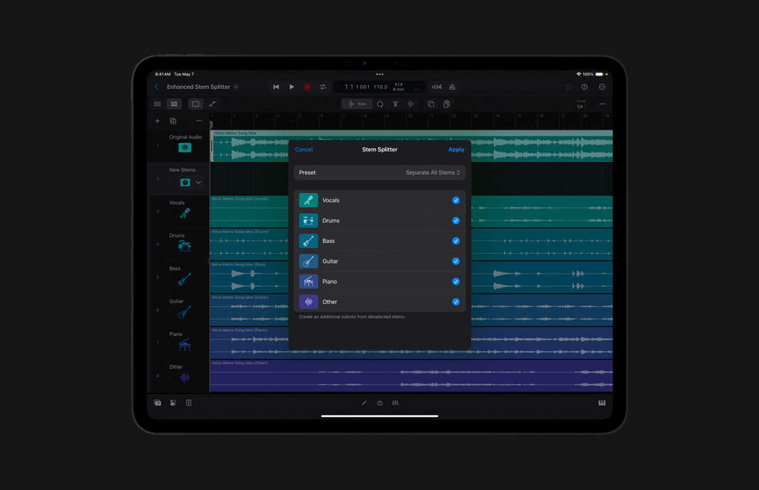 UI of Stem Splitter window with a list of Preset stem options, such as Vocals, Drums, Bass, Guitar, Piano and Other, featuring icons next to each name.
